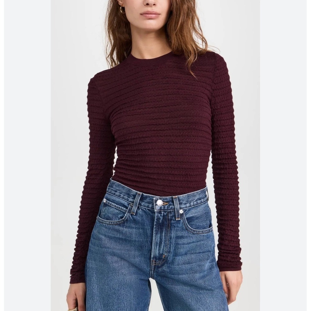 NEW NWT FRAME Womens Smocked Silk-Cotton Long Sleeve Crewneck Top Large Wine
